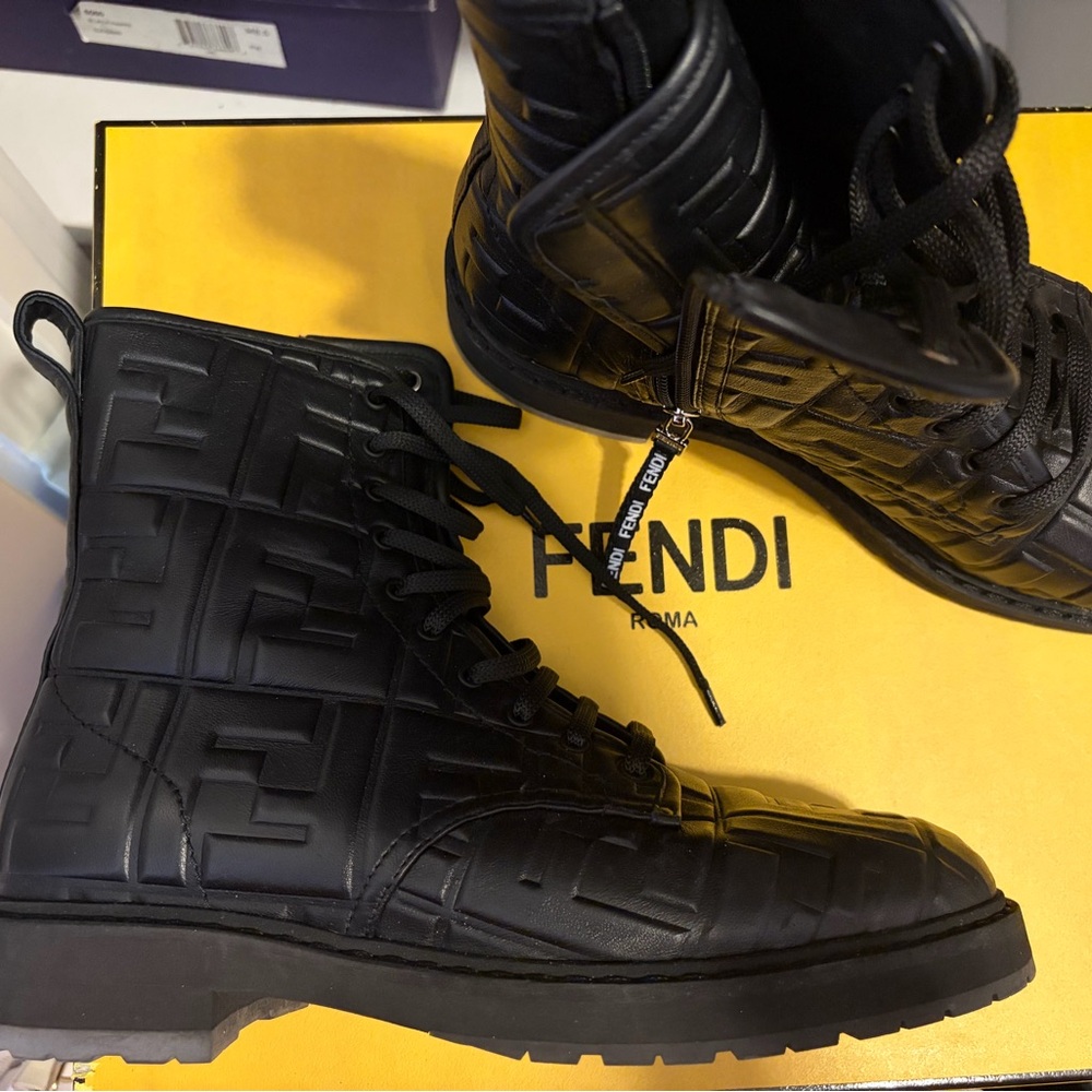 Fendi Black Embossed Leather Combat Boots - Picture 5 of 6